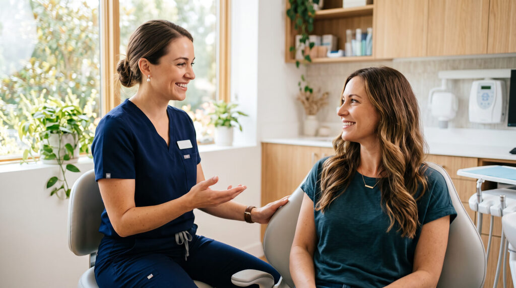 Dental hygienist explaining gum health to a smiling patient in a bright modern dental operatory